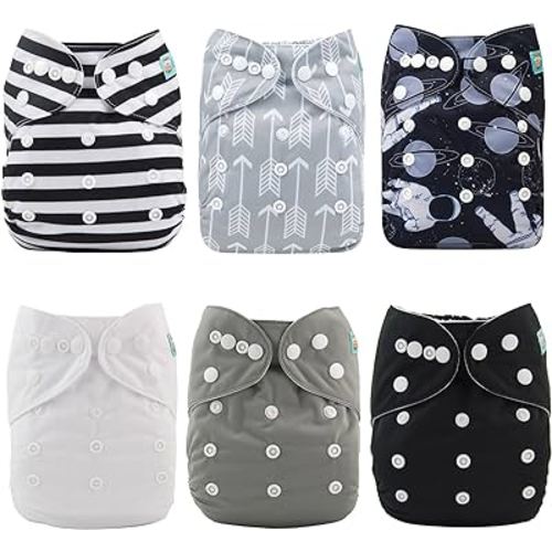 ALVABABY Baby Cloth Diapers 6 Pack + 12 Inserts One Size Adjustable Washable Reusable for Baby Girls and Boys 6DM08-DA
