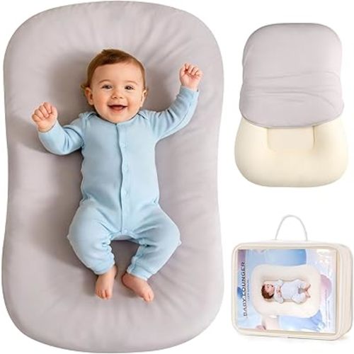 Baby Lounger, Portable Baby Lounger for Newborns to 24 Months, Soft & Breathable Infant Nest with Thickened Support, Newborn Baby Essentials Gift for Home and Travel, Gray