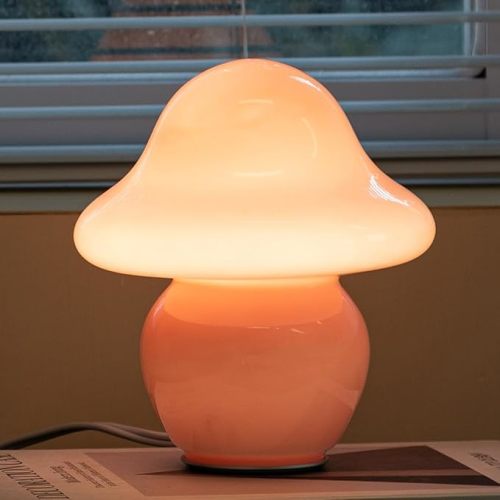 HEQET Mushroom Lamp Pink Glass Mushroom Table Lamp for Bedrooms, Living Room, Aesthetic Lamps for Bedroom, Cute Bedside Lamp