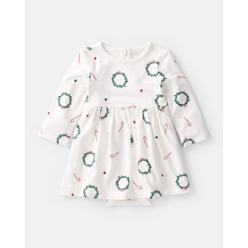 Baby Girl Wreath Print PurelySoft Long-Sleeve Bodysuit Dress - White - Carter's | Carter's