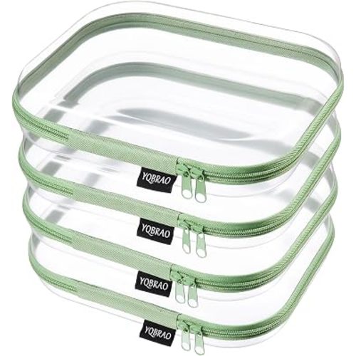 YQBRAO 4-Pack Clear Diaper Bag Organizer Pouches, 1.2mm Ultra-Thick PET Travel Pouches for Toiletries & Makeup, Rigid Self-Standing Bags with YKK Zippers, TSA Approved (Green)