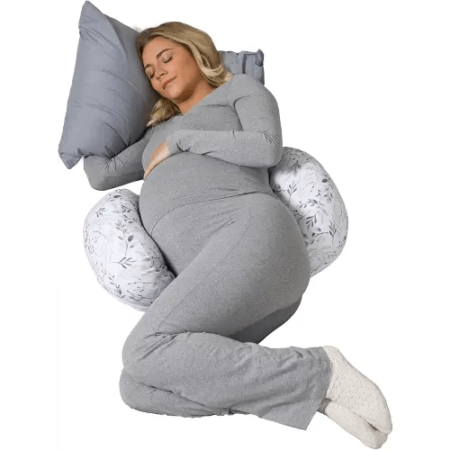Boppy Side Sleeper Pregnancy Pillow, Gray Falling Leaves, Portable, Supportive Pregnancy Pillows for Sleeping on Your Side, Stay-Put Design with Stretchy Center Panel That Grows with Your Bump