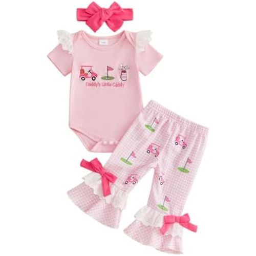 ​Baby Girl Golf Outfit Daddys Little Caddy Ruffle Romper Flare Pants Bow Set Cute Newborn Coming Home Summer Clothes