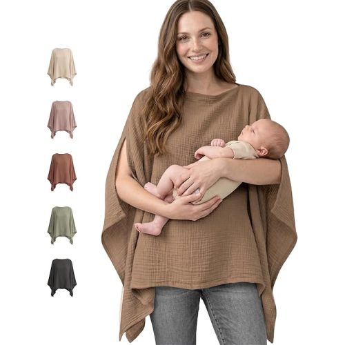 Konssy Muslin Nursing Cover for Breastfeeding, 360° Full Privacy Breathable 100% Cotton Breastfeeding Cover, Multi-use Carseat Canopy(Brown)