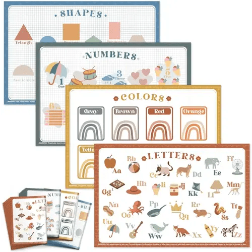 Babebay Disposable Placemats for Baby, 40 Pack Sticky Toddler Placemat for Restaurants, Dining Table, Party, Travel, 12" x 18" Placemats with 4 Designs, Fun and Learning Placemats for Kids