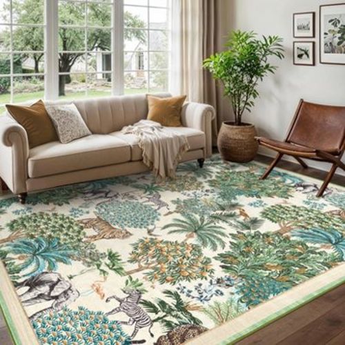 5'x7' Forest Rug Washable Area Rugs for Living Room Bedroom Jungle Animal Print Rug Soft Non Slip Low Pile Throw Rug