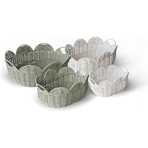 RGI Home Scallop Edge Decorative Storage Baskets, Set of 4 Woven Baskets with Handles, Multiple Sizes for Organizing in Bathroom, Bedroom, Kids Room, or Nursery, Sage Green and Bright White
