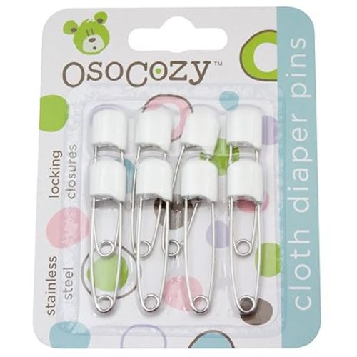 OsoCozy Diaper Pins - {White} - Sturdy, Stainless Steel Diaper Pins with Safe Locking Closures - Use for Special Events, Crafts or Colorful Laundry Pins , 8 Count (Pack of 1)