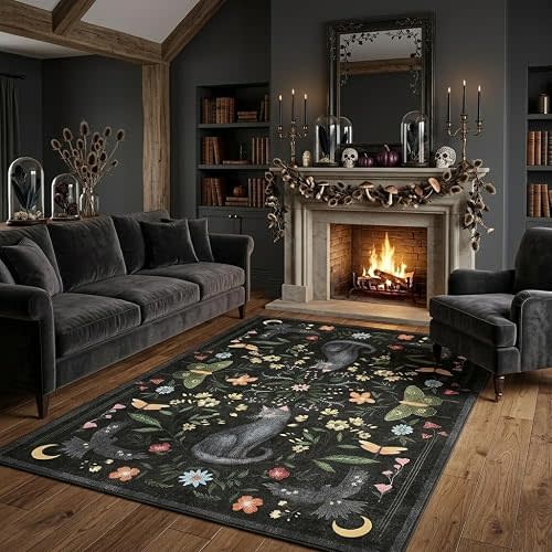 GarveeHome 5x7 Cat Area Rug Black Washable Rugs for Living Room Bedroom, Soft Mushroom Floral Low Pile Non Slip Floor Mat Animal Print Throw Rug Indoor Carpet for Dorm Playroom Gothic Decor