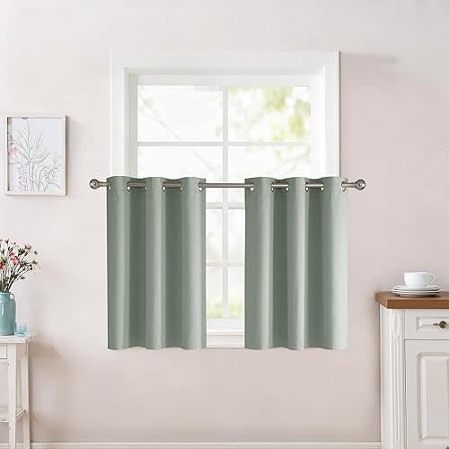 RYB HOME Blackout Cafe Curtains 24 Inch Length for Kitchen, Small Bathroom Window Curtain Tier, Thermal Insulated Room Darkening Valance Drapes for RV Camper, W30xL24, 2 Panels, Sage Green
