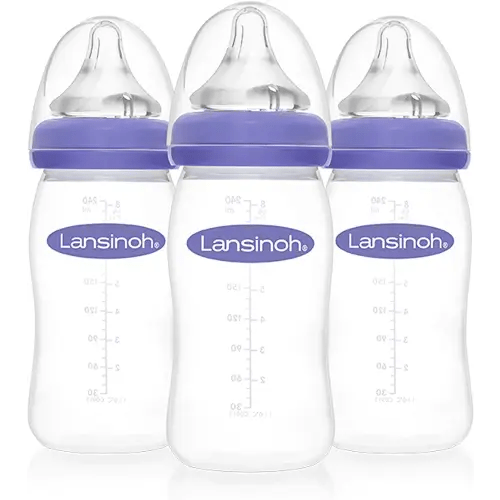 Lansinoh Anti-Colic Baby Bottles for Breastfeeding Babies, 8 Ounces, 3 Count, Includes 3 Medium Flow Nipples, Size M