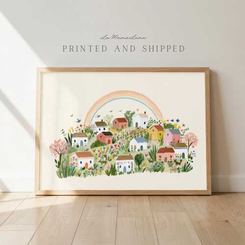 Whimsical Village Nursery Wall Art, Cottagecore Nursery Decor, Rainbow Village Print, Storybook Nursery Art, Little Girl Room Decor