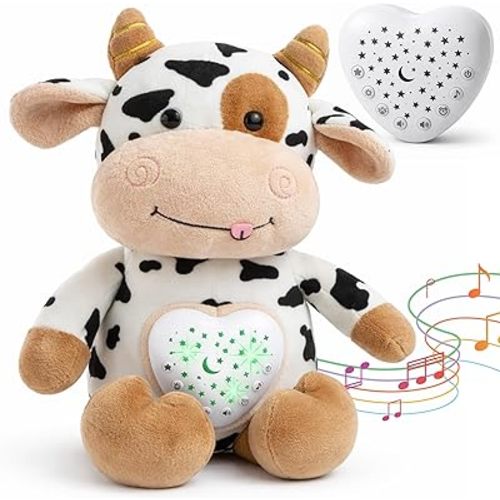 Baby Sound Machine Plush Cow with Cry Detector & Star Projector – USB Rechargeable White Noise Machine Baby with 15 Melodies & Timer – Lullaby Sound Machine & Baby Sleep Soother for Newborns