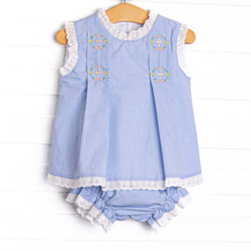 Bleu: Blossoms and Blessings Embroidered Pleated Diaper Set, Blue Ging – Stitchy Fish