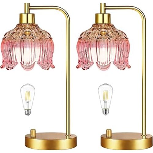 ILLMTW Pink Table Lamp Set of 2,Small Gold Bedside Lamps Dimmable Boho Bedroom Lamp with Tulip Flower Glass Lamp Shade,Vintage Mid Century Modern Mini Nightstand Lamp for Bedroom Living Room