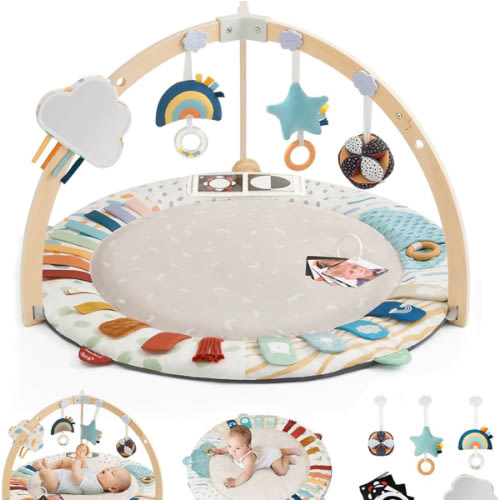 Blissful Diary Baby Play Gym & Activity Mat, 5 Developmental Zones Wooden Tummy Time Mat with 5 Detachable Sensory Toys for Motor Skills & Sensory Development, Baby Essentials Shower Gift