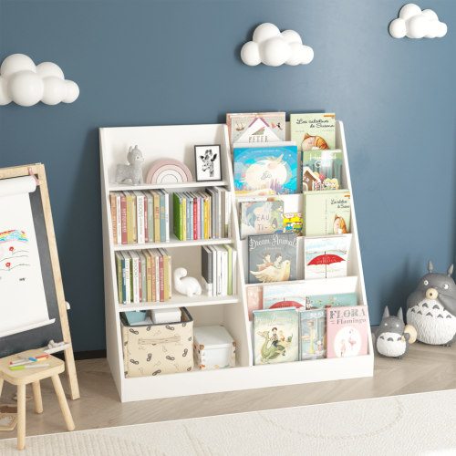 4 Tier Kids Bookshelf and Toy Organizer, Wooden Bookshelf for Kids, Montessori Bookcase Book Shelf for Classrooms, Playroom, Nursery, Toy Storage Organizer with Bookshelf