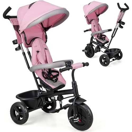 HONEY JOY Tricycle, Kids Trike Stroller w/Adjustable Push Handle & Canopy, Reversible Seat, Safety Belt, Folding Pedal, Cup Holder, Storage, Push Tricycle for Toddlers 9 Months-5 Years (Pink)