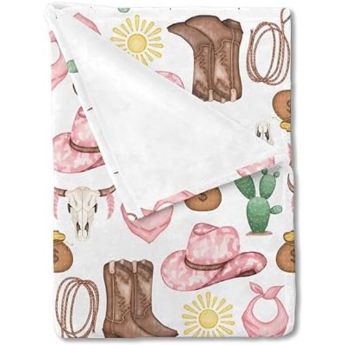 Baby Western Cowgirl Pink Blankets for Girl Desert Cowboy Hat Boot Sun Cactus Swaddle Blankets Soft Receiving Blanket Newborn Nursery Stroller Crib Bedding Blanket Infant Unisex 30x40