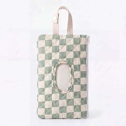 Quilted Green Plaid Baby Wipe Holder Fabric Wipes Organizer Bag with Handle Portable Wet Wipes Pouch for Baby Travel Home Car Stroller