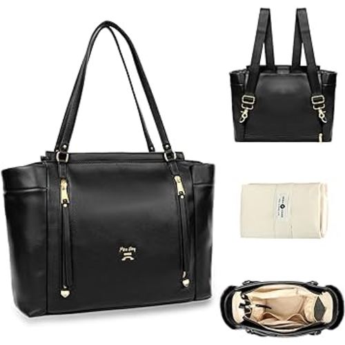 miss fong Diaper Bag Tote Leather Diaper Bag Backpack,Large Capacity Mommy Bag Hospital Bag,12 Pockets Travel Diaper Tote with Changing Pad,Stroller Straps & Insulated Pockets for Mom & Dad-Black