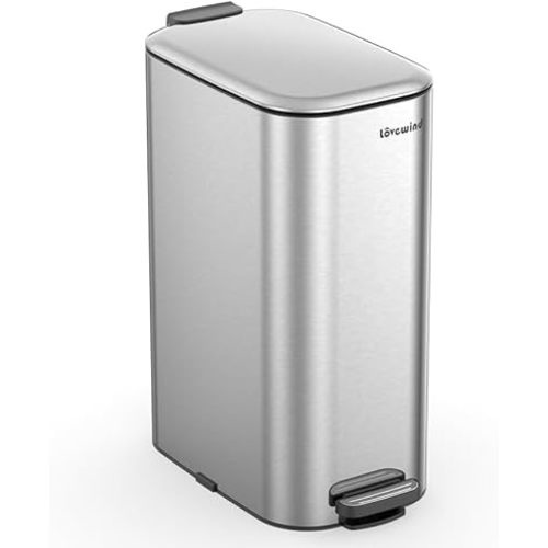 Lovewind Trash Can with Lid, 8 Gallon/30 L Footstep Garbage Can for Kitchen Bathroom Bedroom Home Office, 20 Liter Trash Bin Brushed Stainless Steel Waste Bin with Soft-Close Lid, Silver