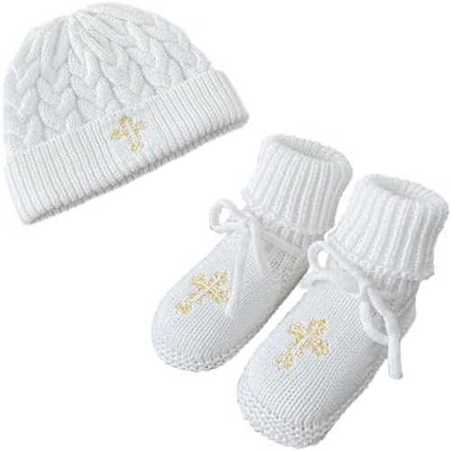 Crochet Baby Booties & Hat with Cross, Newborn Christening Baptism Outfit Knit Infant Shoes & Cap Gift for Baby Boy Girl 2PCs