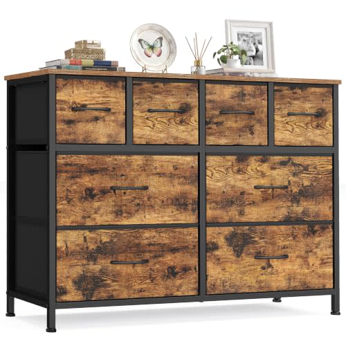SONGMICS Wide Dresser for Bedroom, 8 Fabric Drawers with Steel Frame | Wood Tabletop, Clothes Organizer, Storage Cabinet, for Closet, Rustic Brown, BELLAH Collection ULGS234K101S