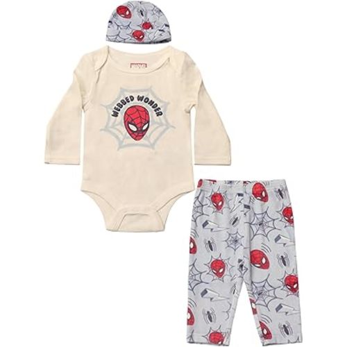 Magic Threadz Disney Clothes Baby Boys Bodysuit, Pants & Hat 3-Piece Outfit – Mickey, Pooh, Stitch, Cars, & Spiderman (0–9M)
