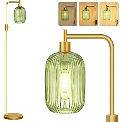 【Upgraded】 Dimmable Glass Floor Lamp for Living Room, Modern Gold Standing Lamp with Green Ribbed Glass Lampshade & Knob Dimmer, Arc Tall Lamp for Bedroom Office Reading Room, 2700K Led Bulb Included