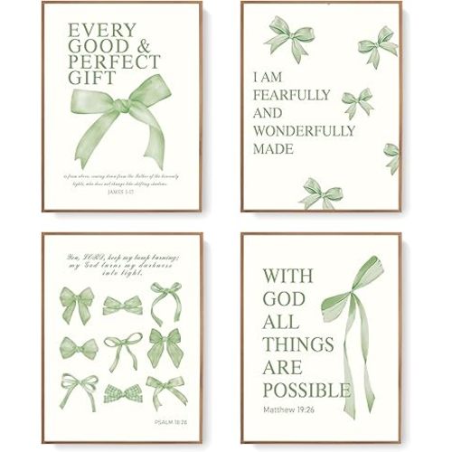 LARTSFRO Coquette Sage Green Bow Wall Art Decor Posters, Sage Green Bow Room Bedroom Bathroom Wall Art Decor Aesthetic for Teen Girls Gifts, Inspirational Bible Verses Bow Wall Decor, 12x16 Inch Set of 4 Bow Pictures Unframed