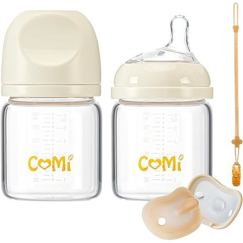 COMI Natural Glass Baby Bottles for Breastfeeding Babies,Newborn Anti-Colic Baby Bottle Set with Slow Flow Nipple,0-3 Months,BPA-Free,6 oz,2 Pack