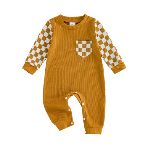 Tsultryofs Baby Boy Girl Jumpsuit Plaid Print Newborn Infant Fall Romper | Long Sleeve Crew Neck Waffle Jumpsuits Spring Clothes