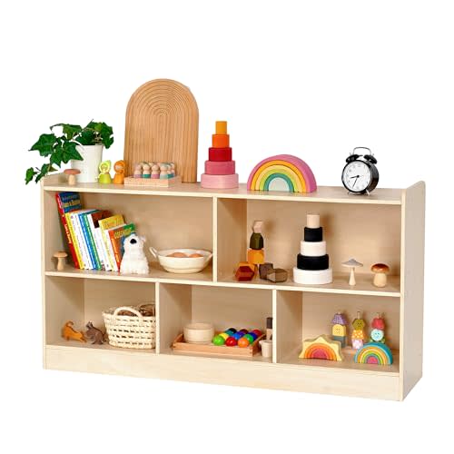 Wooden Toy Shelf for Kids, Montessori Book & Toy Organizer with Open Shelving, 5-Section Customizable Layout for Kids’ Room, Playroom & Classroom