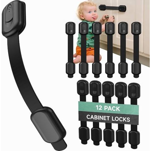 Infinno 12 Pack Cabinet Locks Baby Proofing Heavy Duty - Child Safety Cabinet Locks for Drawers, Cupboards & Fridge – No Drill 3M Adhesive Locks for Pets - Toddler Safety Latches-Black