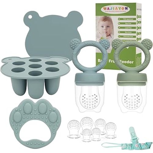 WAJIAYON Baby Breastmilk Popsicle Molds & Baby Fruit Feeder, Infant Food Freezer Tray Storage Containers, Silicone Teething Pacifier Feeder and Teether for Babies,Gifts for Boys and Girls-Green/Blue