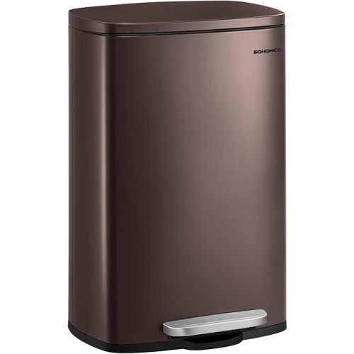 SONGMICS 13 Gallon (50 L) Trash Can, Stainless Steel Kitchen Garbage Can, Recycling or Waste Bin, Soft Close, Step-On Pedal, Removable Inner Bucket, Brown ULTB50BR
