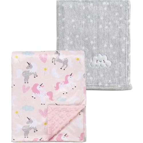 CREVENT 2Pcs 30''X40'' Cute Cozy Fluffy Warm Baby Blankets for Infants Toddlers' Bedding Crib Cot Stroller - Grey Cloud + Minky Unicorn