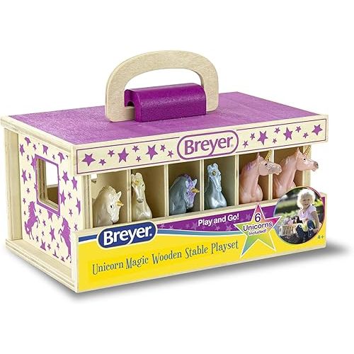 Breyer Unicorn Magic Wood Carry Stable with 6 Unicorns 59218, Multicolor