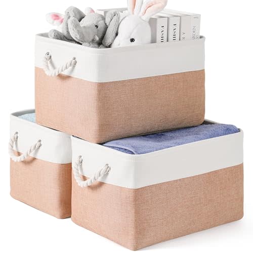 DUHEL Storage Bins 3 Pack, Fabric Storage Basket for Collapsible Medium Canvas Storage Baskets for Organizing Shelf Nursery Home Closet . (White&Blue-3PCS) (White&Pink-3PCS)