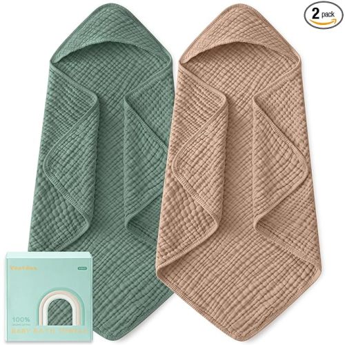 Yoofoss Hooded Baby Towels for Newborn 2 Pack 100% Muslin Organic Cotton Baby Bath Towel with Hood for Babies, Infant, Toddler and Kids, Large 32x32Inch, Soft and Absorbent Newborn Essential