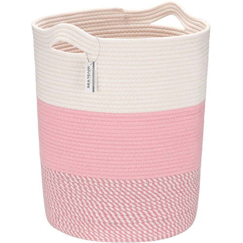 Sea Team Large Size Cotton Rope Woven Storage Basket Laundry Hamper with Handles, 14 x 20 inches, White & Mottled Pink