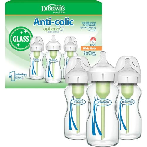 Dr. Brown's Anti-Colic Options+ Wide-Neck Glass Baby Bottle, 9 oz, 3-Pack