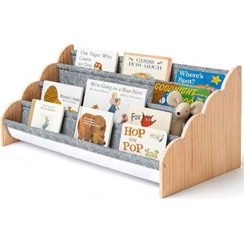 Montessori Bookshelf for Kids, 4-Tier Toddler Bookshelf Wooden Book Organizer Baby Bookcase, Decorative Nursery Book Shelves for kids Room, Playroom, Reading Corne, Play Tent (Grey Chevron Stripe)