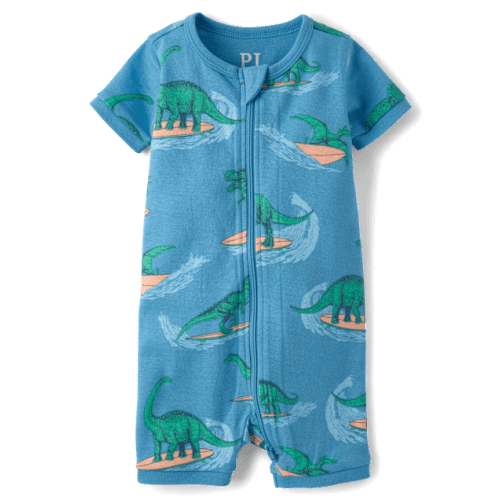 Baby And Toddler Boys Surfing Dino Snug Fit Cotton Cropped One Piece Pajamas - Blue