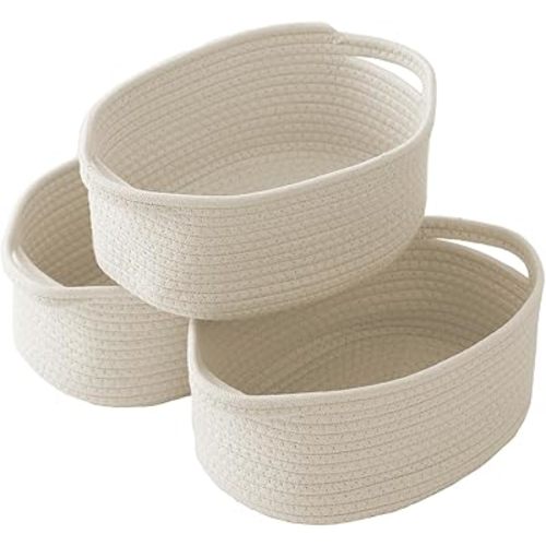 JMvicyroam Woven Basket,Small Rope Storage Bin with Handles & Ribbon Bag, Organizer for Shelves Closets,Gift Basket Empty for Birthday,Books,Dog Toys,White/3 Pack