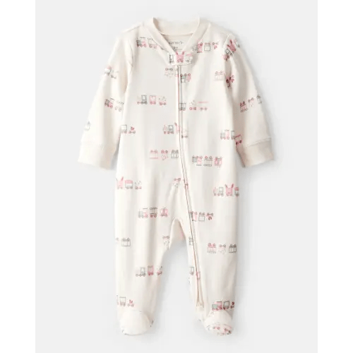Baby Girl Train Print 100% Cotton Long-Sleeve Snug Fit Sleep & Play Pajamas - Cream | Carter's