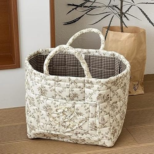 JQWYGB Foldable Laundry Basket Boho Bear Storage Basket Floral Quilted Fabric Car Storage Basket Handles Large Laundry Baskets for Clothes and Dolls