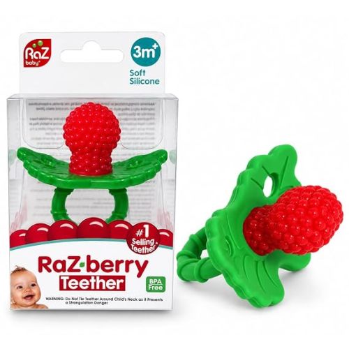 RaZbaby RaZberry Silicone Baby Teether Toy - Berrybumps Soothe Babies Sore Gums - Infant Teething Toy - Hands Free Design - BPA Free - Easy-to-Hold Design - Teething Relief Pacifier - Fruit Shape/Red