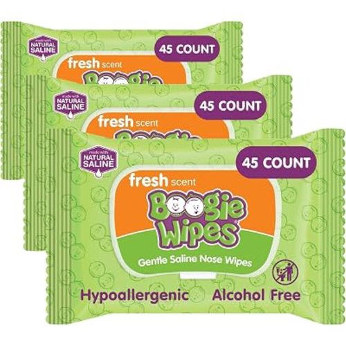 Boogie Wipes Saline Nose Wipes - 45 Count - Fresh Scent, Hypoallergenic & Alcohol-Free - Allergy Relief - Made with Natural Saline, Aloe, Chamomile & Vitamin E - Diaper Bag Essential (Pack of 3)